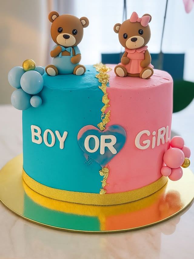 Gender reveal cake, half blue and half pink with a gold seam, reading Boy or Girl, with a teddy bear in blue and a teddy bear in pink on top.